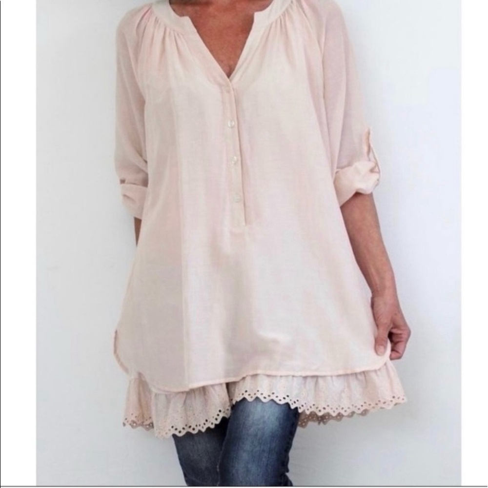 Soft Surroundings Terra Silk Blend Tunic Beige Boho Prairie Eyelet Hem Sz Medium
